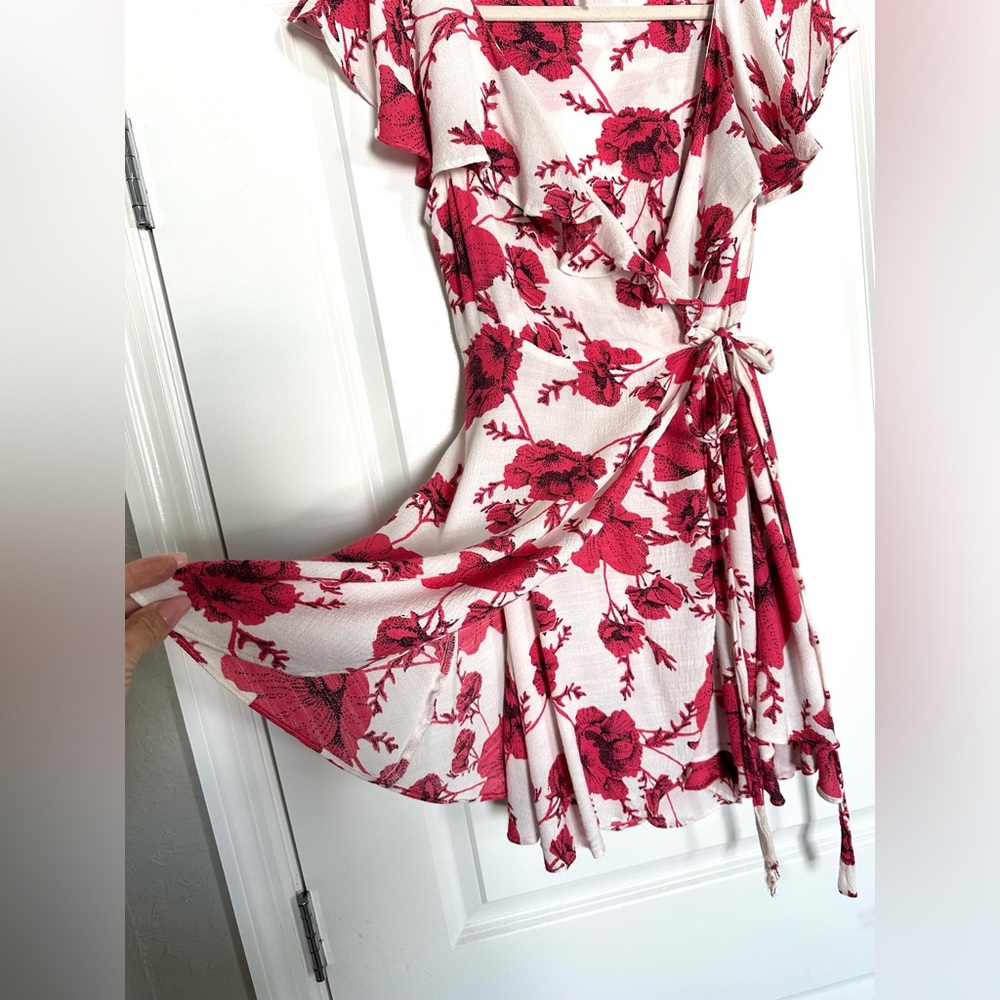 NWOT Free People pink and white Floral Wrap Dress with ruffle, V-neck detail - Picture 12 of 12
